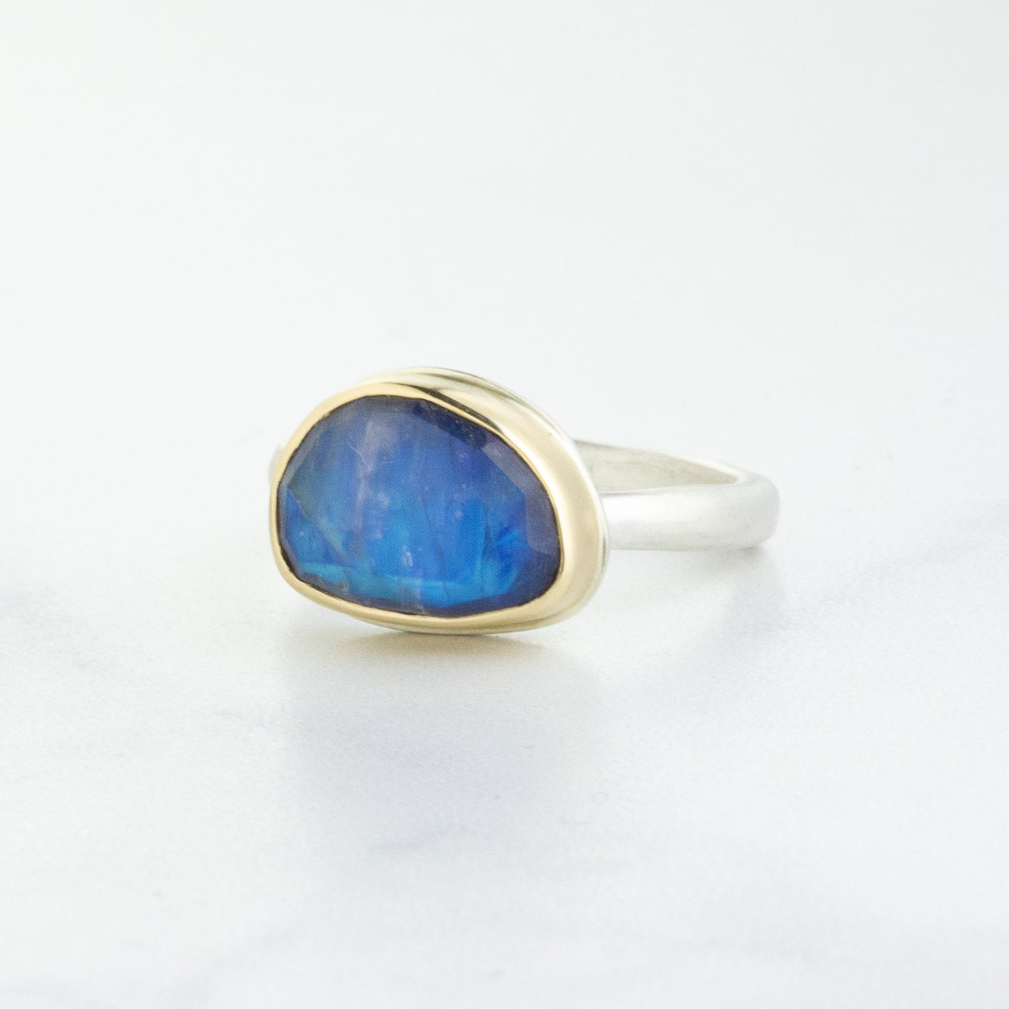 Sterling & 14K Gold Asymmetrical Blue Rainbow Moonstone Ring