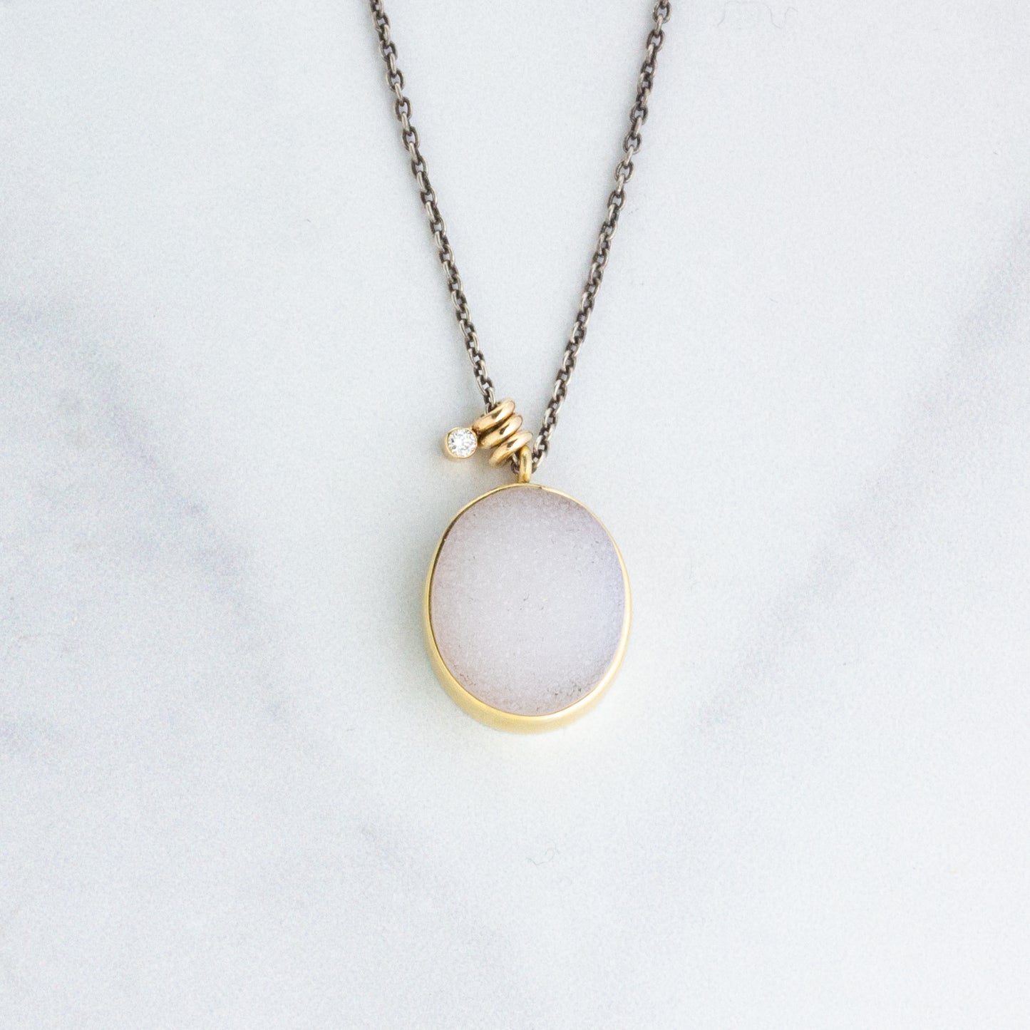 Oxidized Sterling & 14K Gold Brazilian White Drusy & Diamond Necklace
