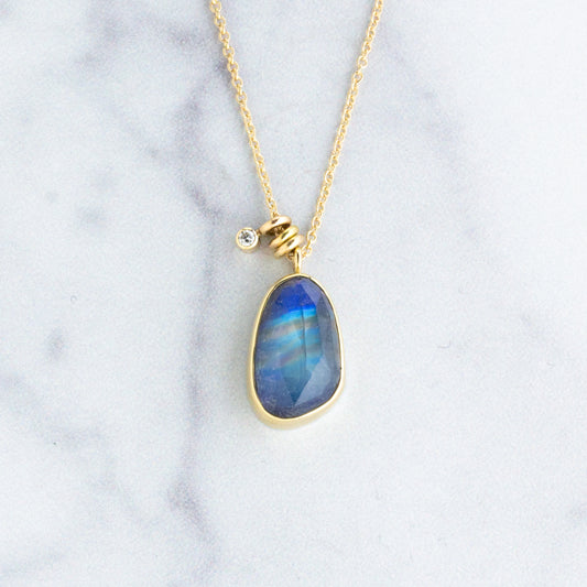 Sterling & 14K Gold Blue Rainbow Moonstone & Diamond Necklace