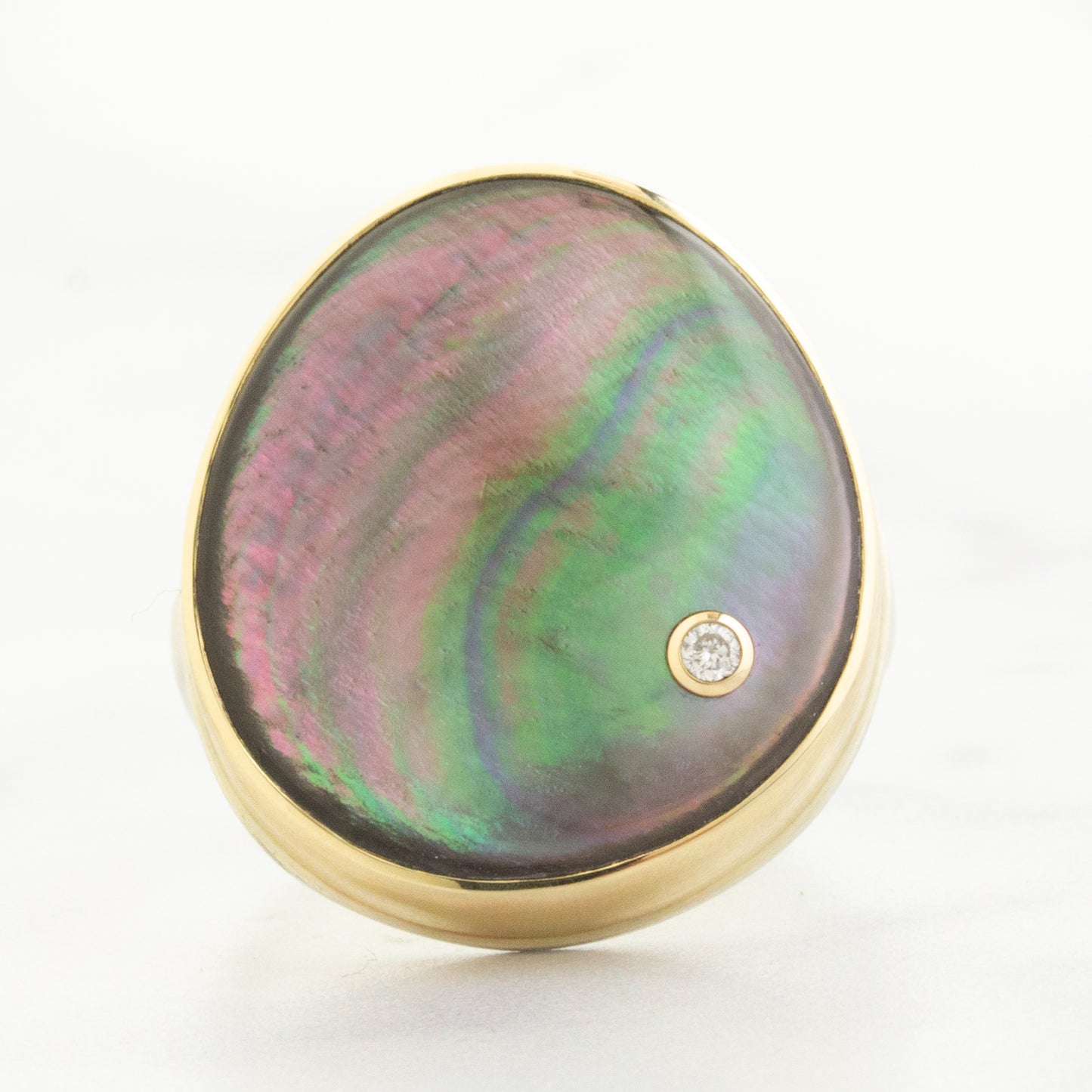 Sterling & 14K Gold Black Mother of Pearl & Diamond Ring