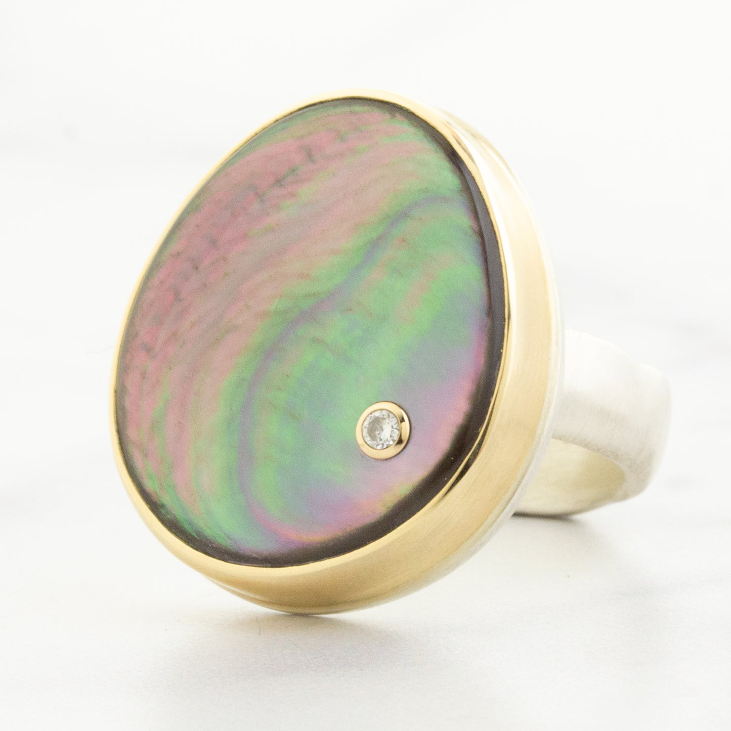 Sterling & 14K Gold Black Mother of Pearl & Diamond Ring
