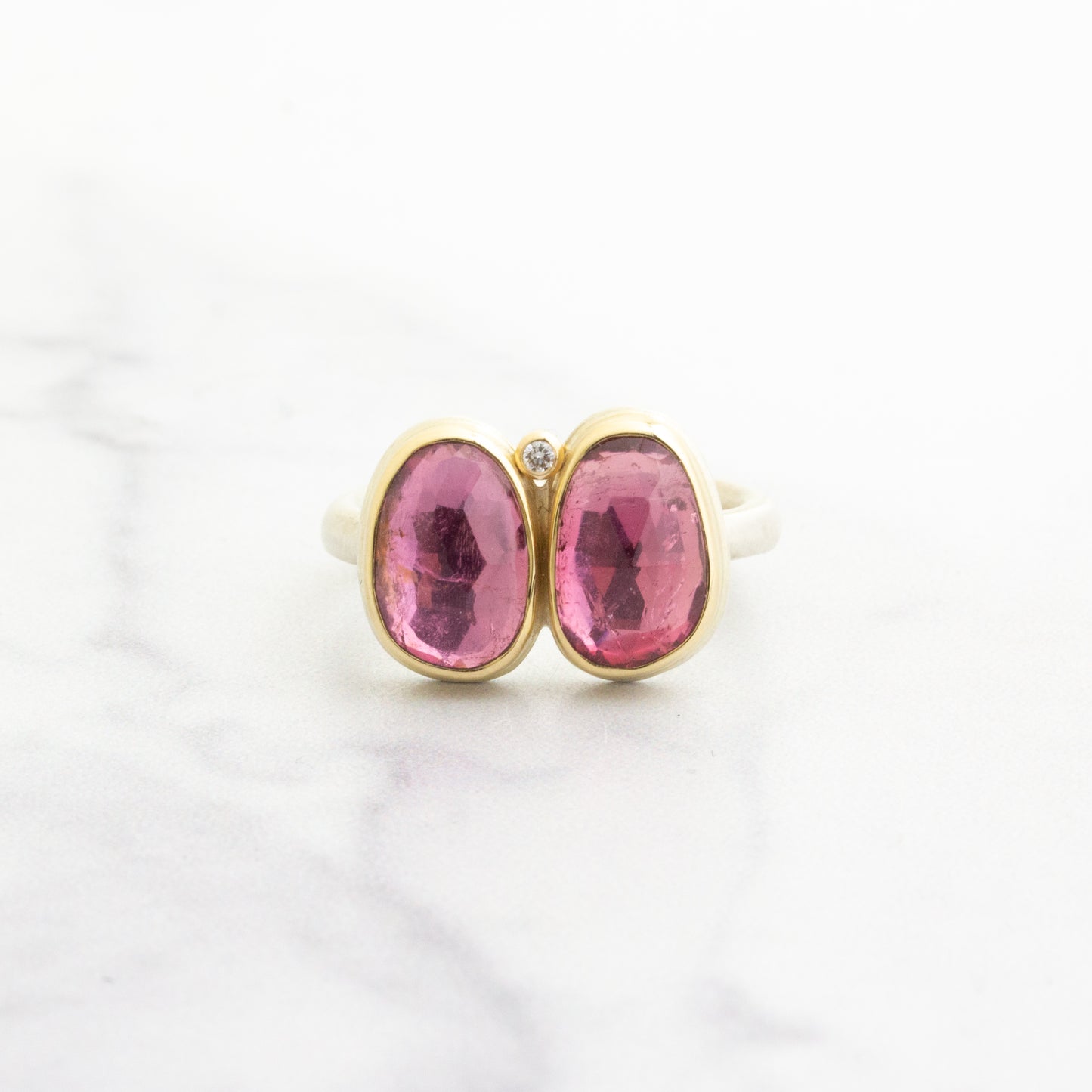 Sterling & 14K Gold Double Pink Tourmaline & Diamond Ring