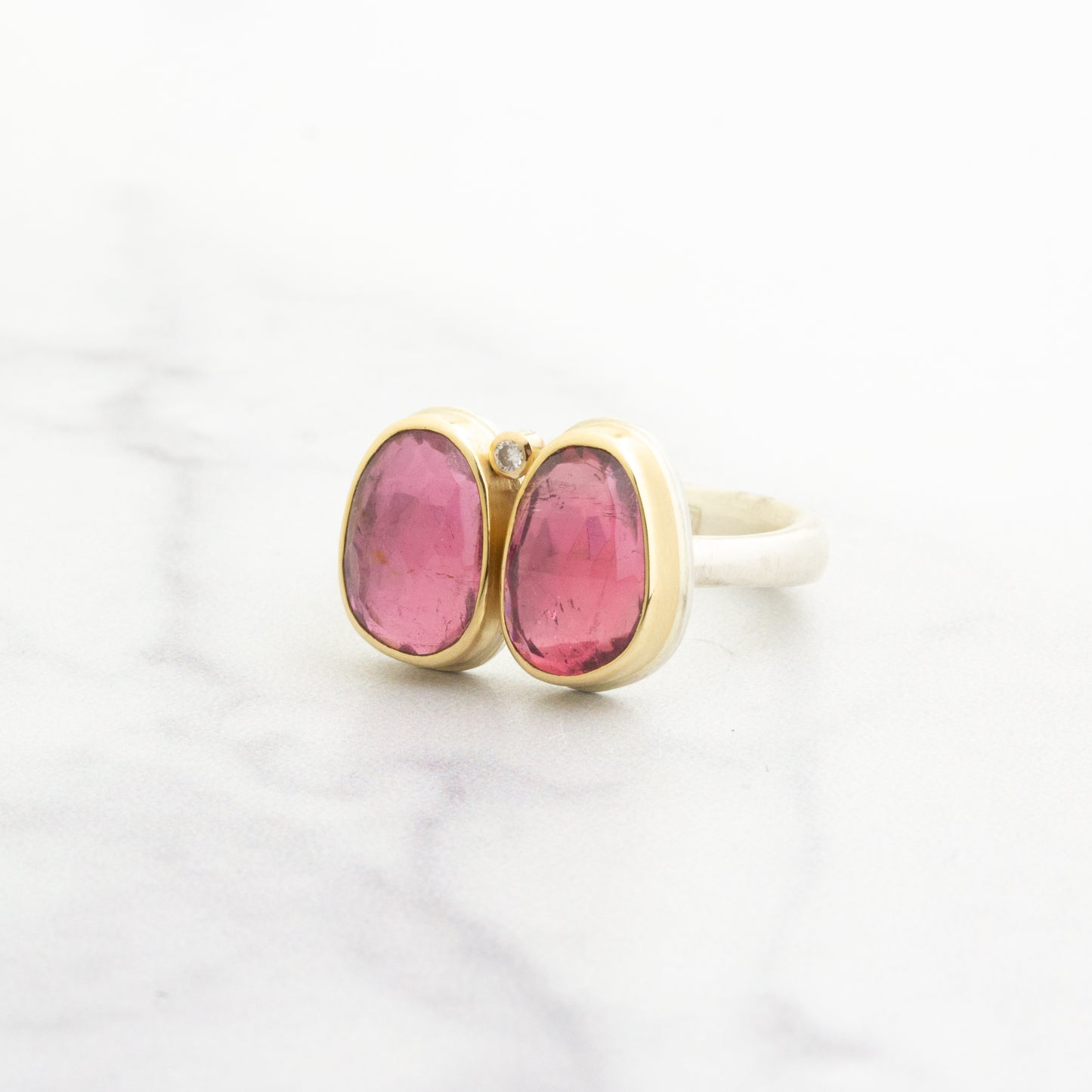 Sterling & 14K Gold Double Pink Tourmaline & Diamond Ring