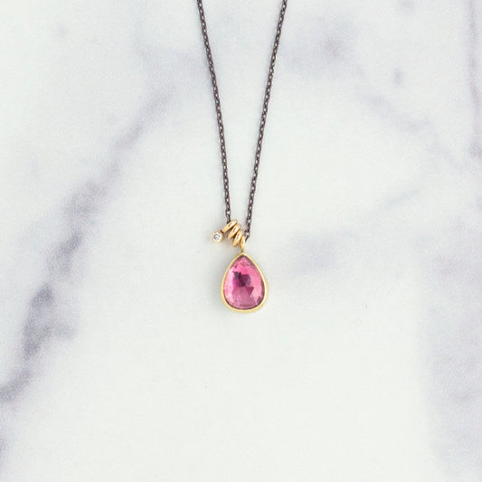 Oxidized Sterling & 14K Gold Pink Tourmaline & Diamond Necklace