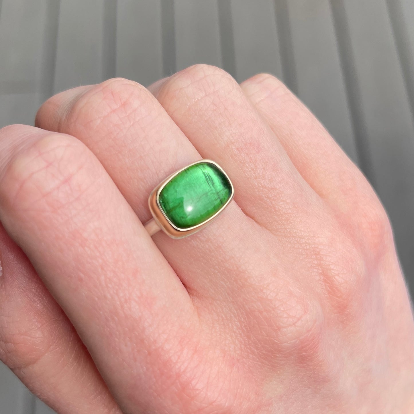 Sterling & 14K Gold Rectangular Green Tourmaline Ring