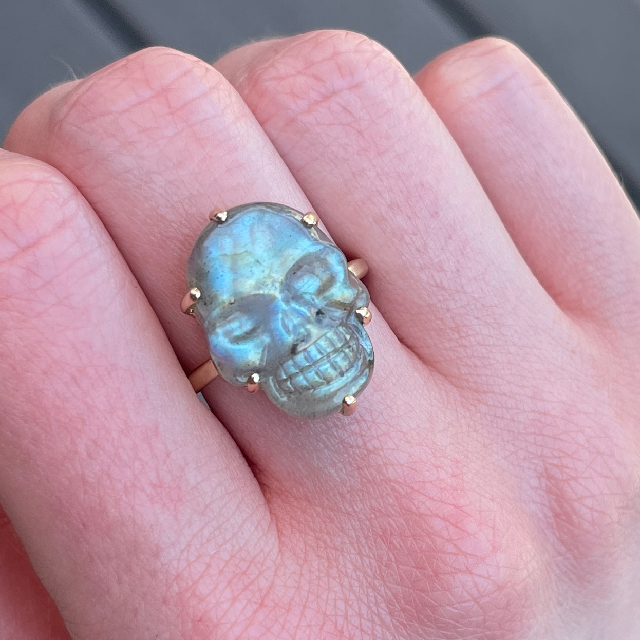 14K Gold Prong Labradorite Skull Ring