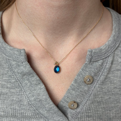 14K Gold Rainbow Moonstone & Diamond Necklace