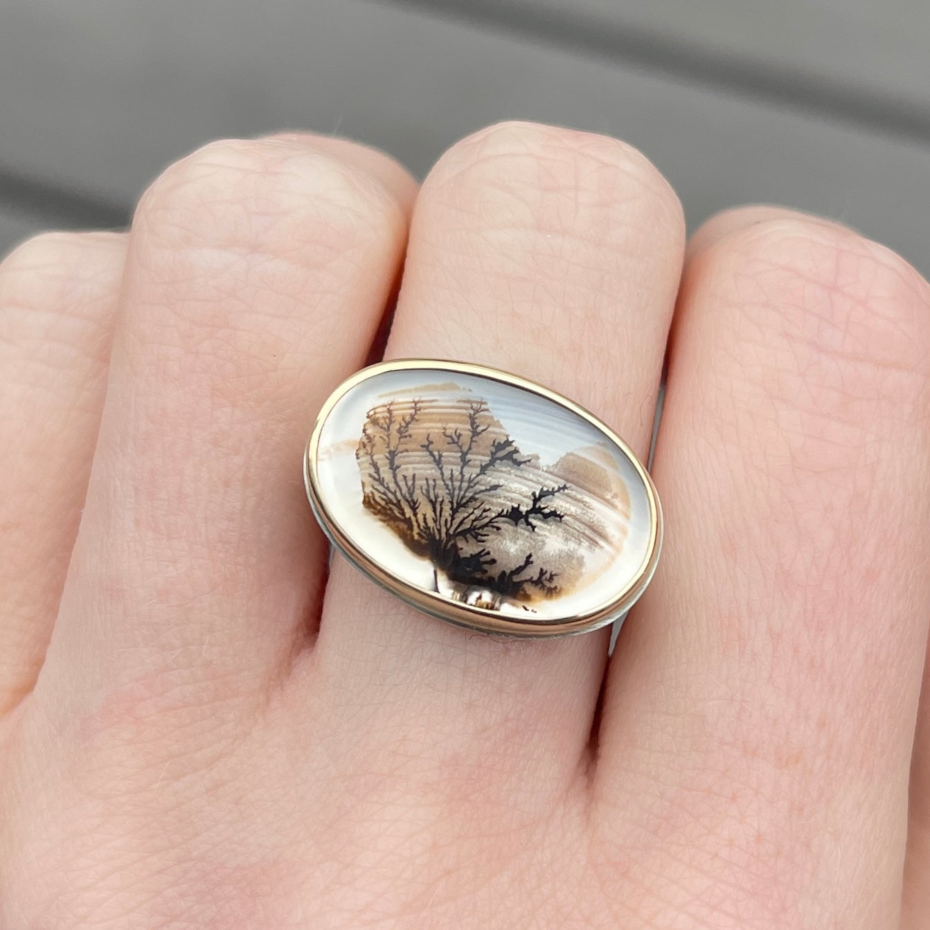 Sterling & 14K Gold Oval Dendritic Agate Ring
