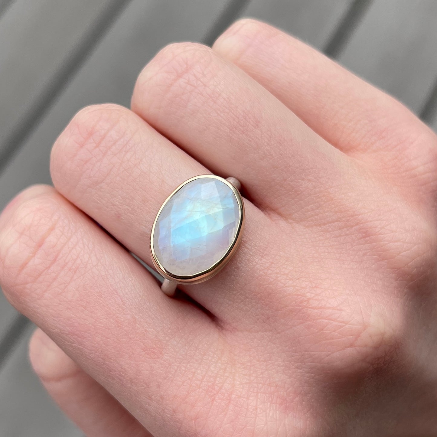Sterling & 14K Gold Oval White Rainbow Moonstone Ring