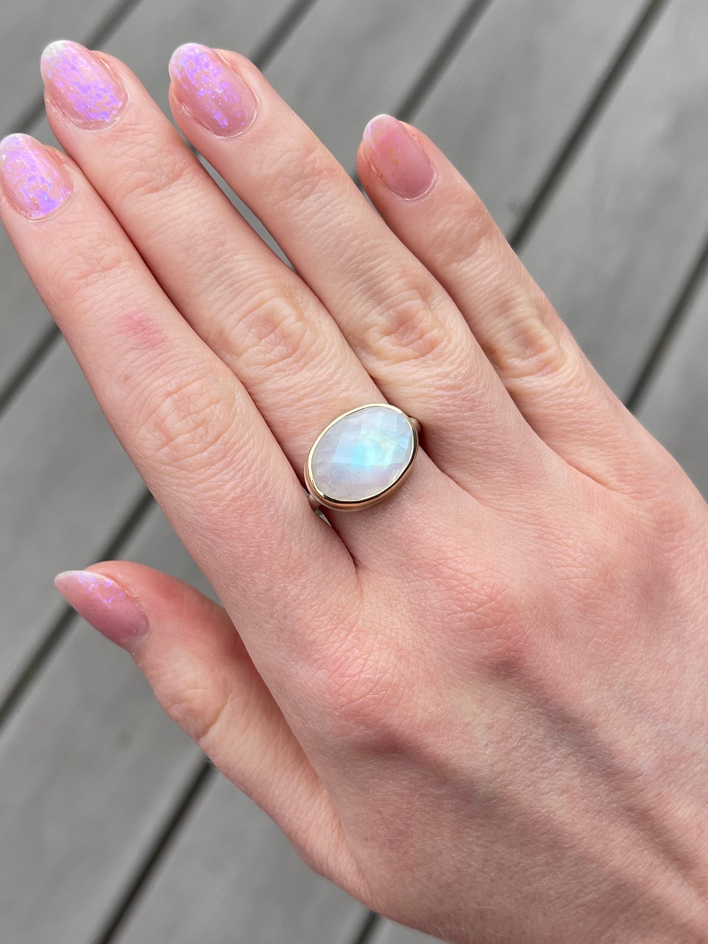 Sterling & 14K Gold Oval White Rainbow Moonstone Ring