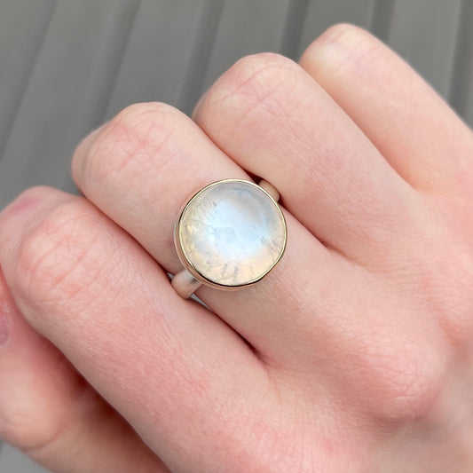 Sterling & 14K Gold Round Rainbow Moonstone Ring