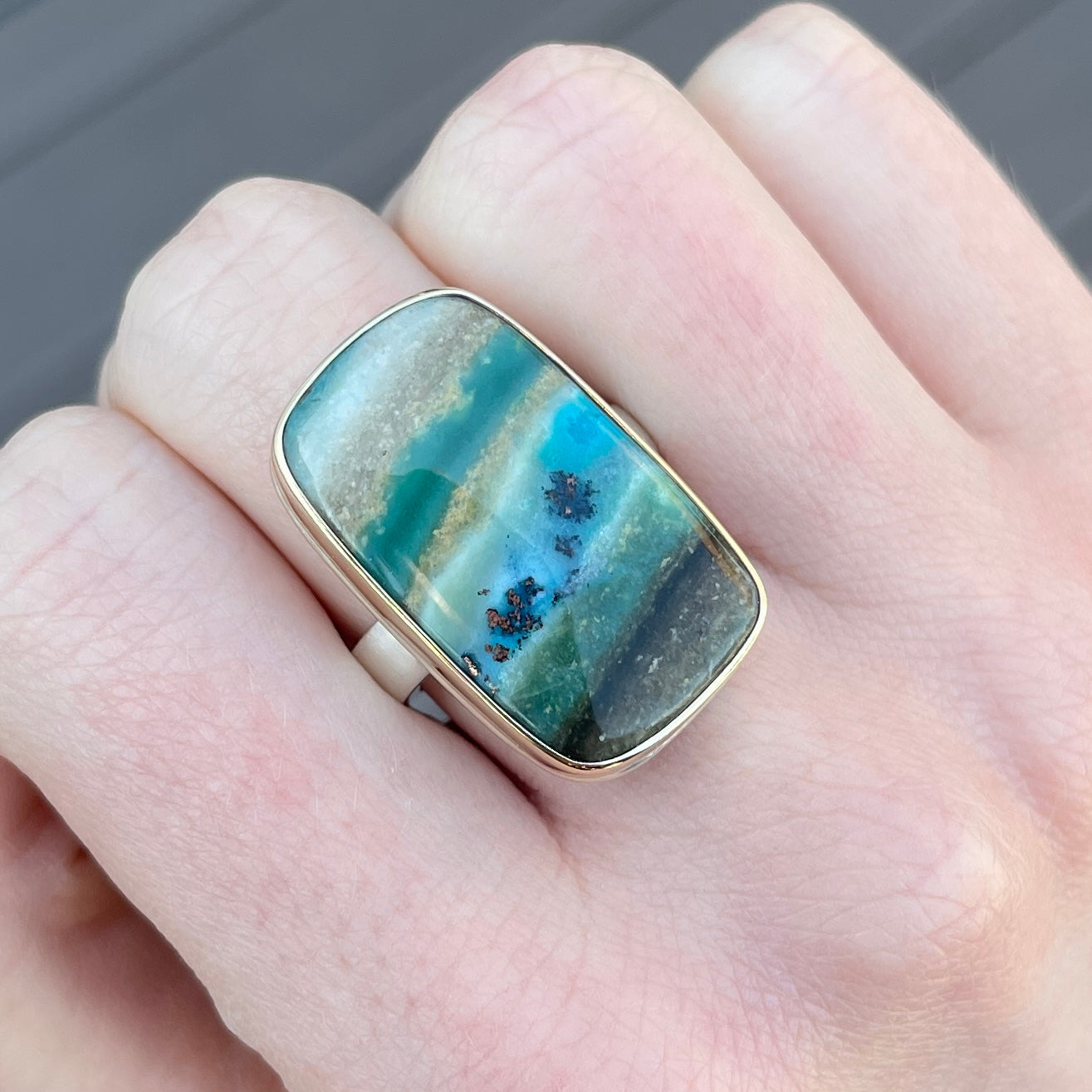 Sterling & 14K Gold Blue Indonesian Fossilized Opalized Wood Ring