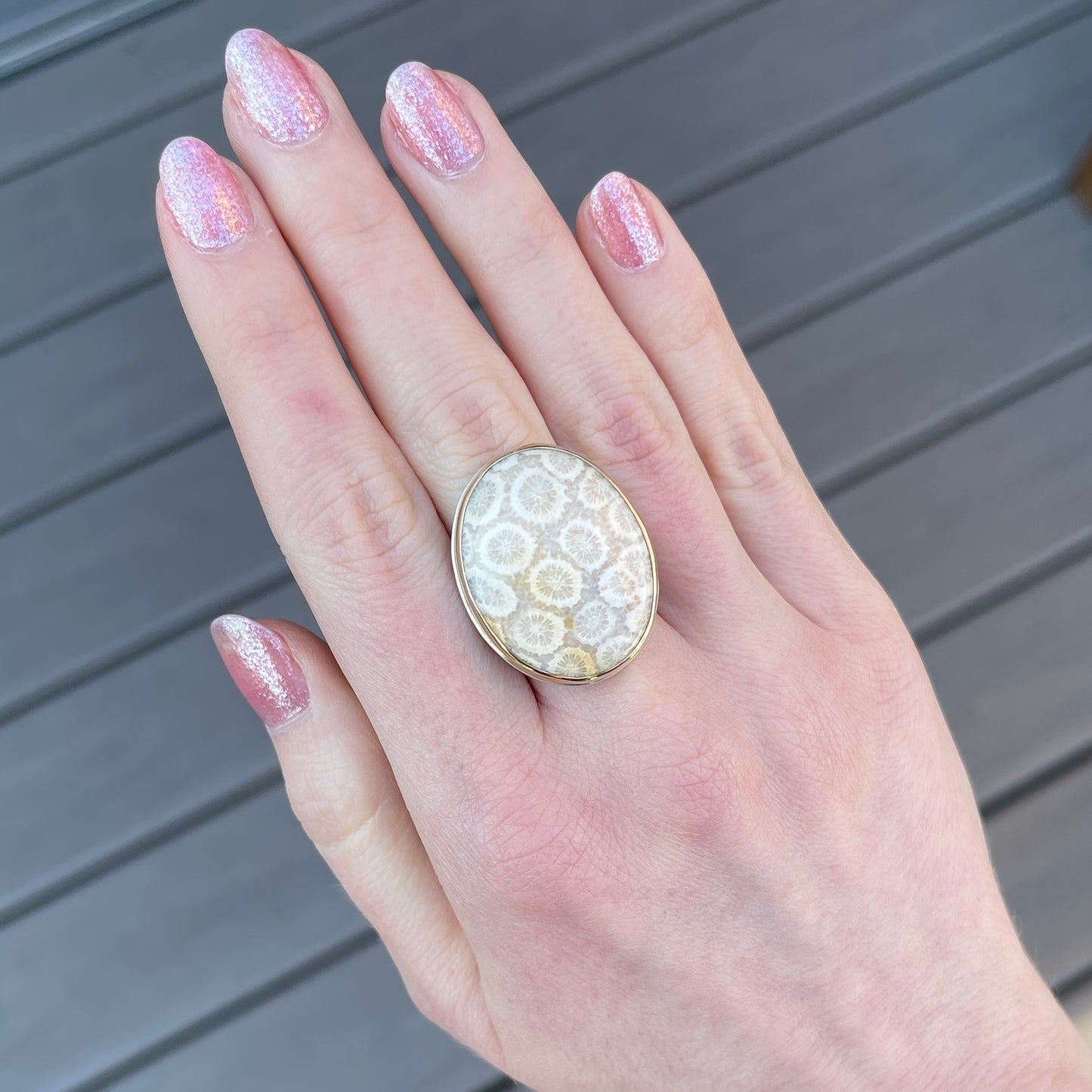 Sterling & 14K Gold Oval Fossilized Coral Ring