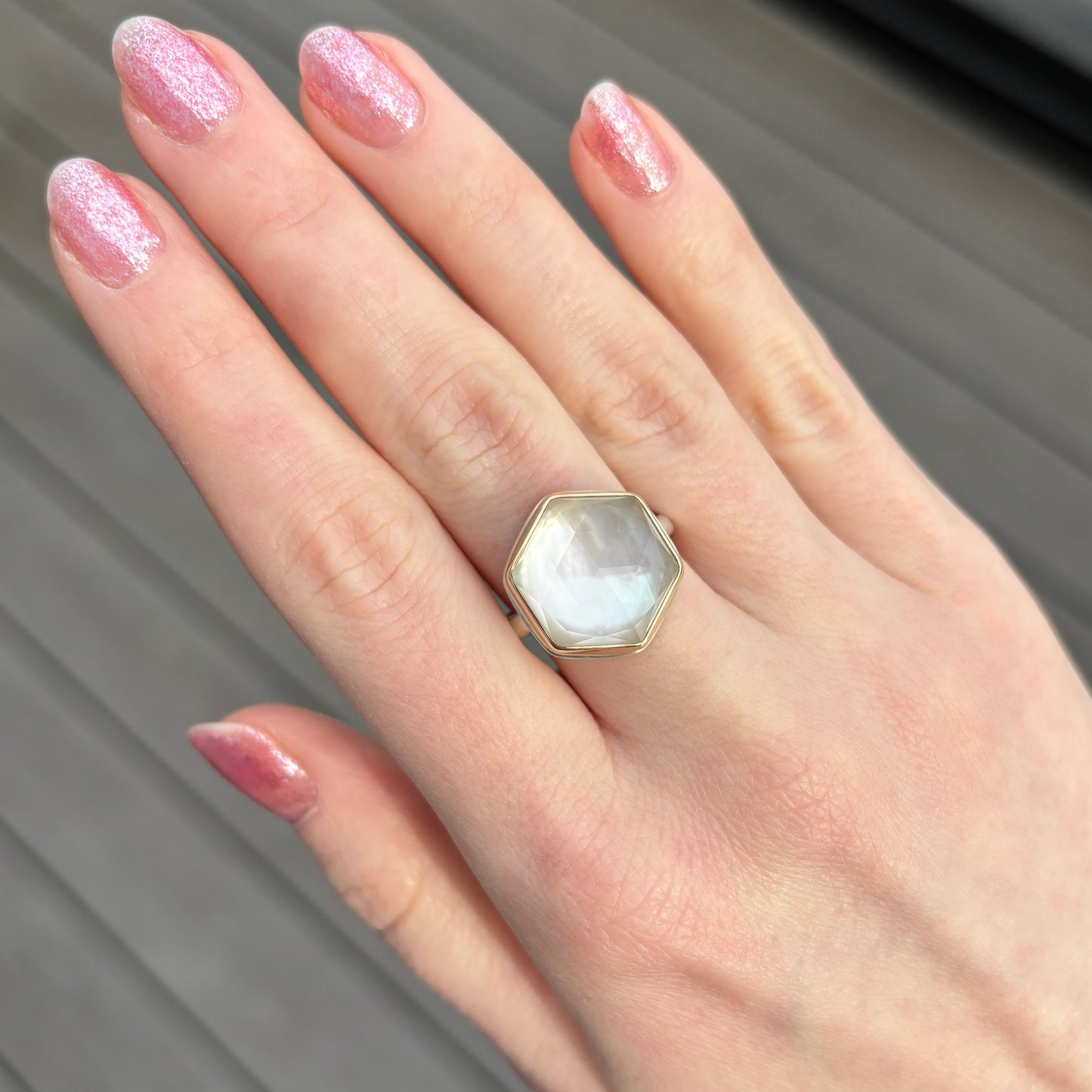 Sterling & 14K Gold Rock Crystal and Mother of Pearl Ring