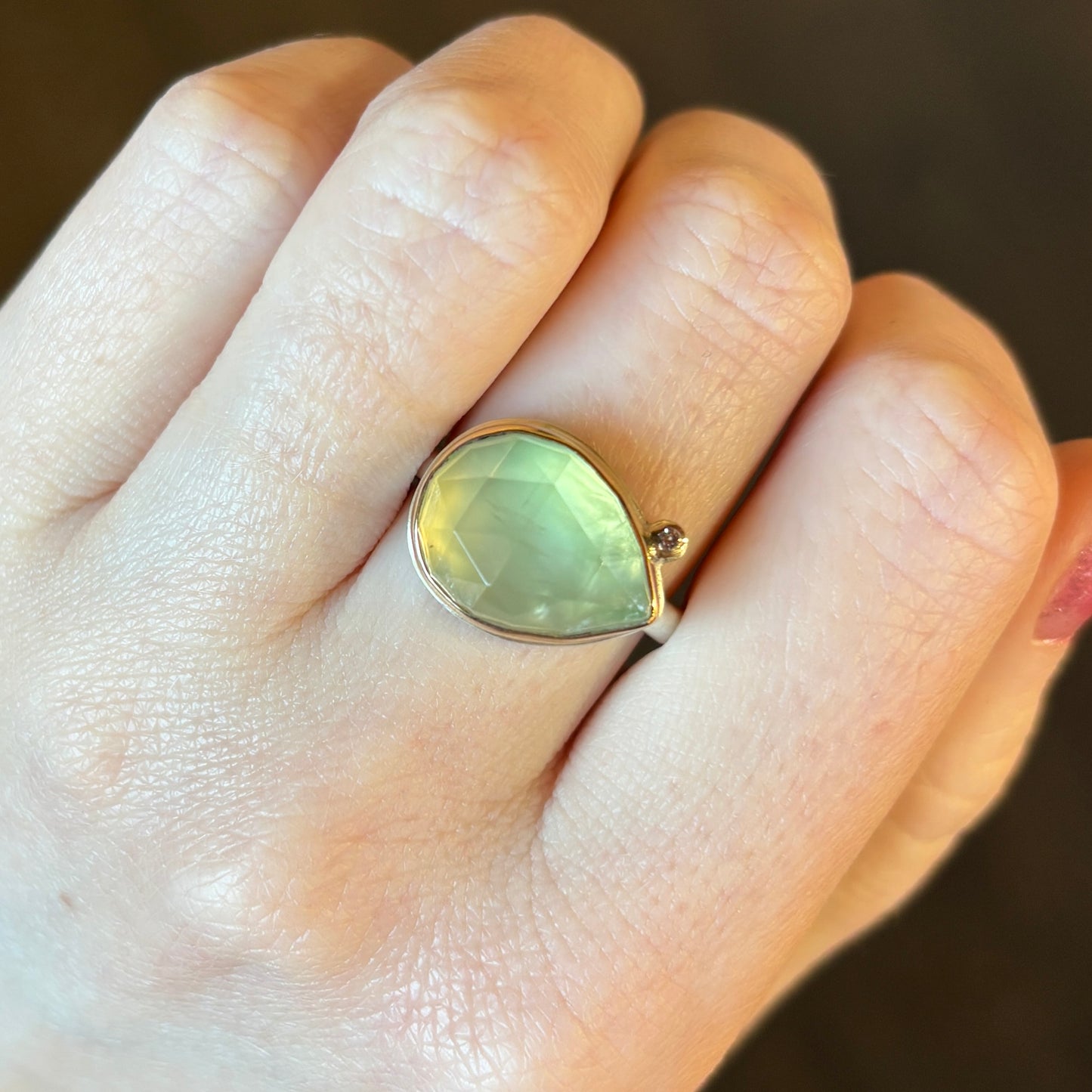 Sterling & 14K Gold Teardrop Prehnite & Diamond Ring