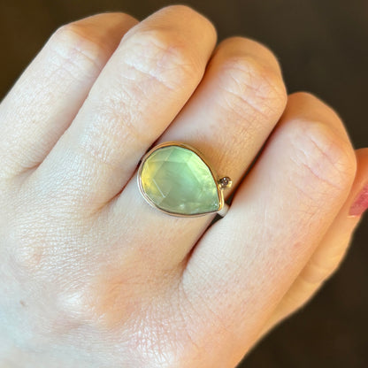 Sterling & 14K Gold Teardrop Prehnite & Diamond Ring