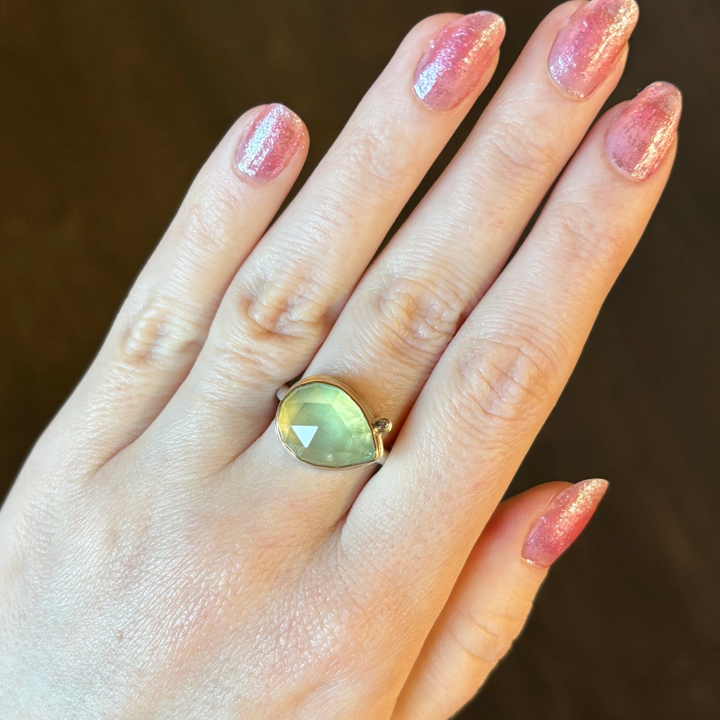 Sterling & 14K Gold Teardrop Prehnite & Diamond Ring