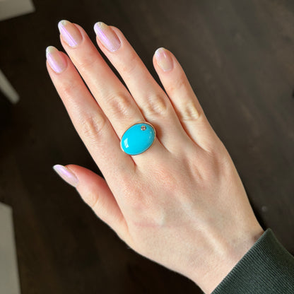 Sterling & 14K Gold Oval Sleeping Beauty Turquoise & Diamond Ring