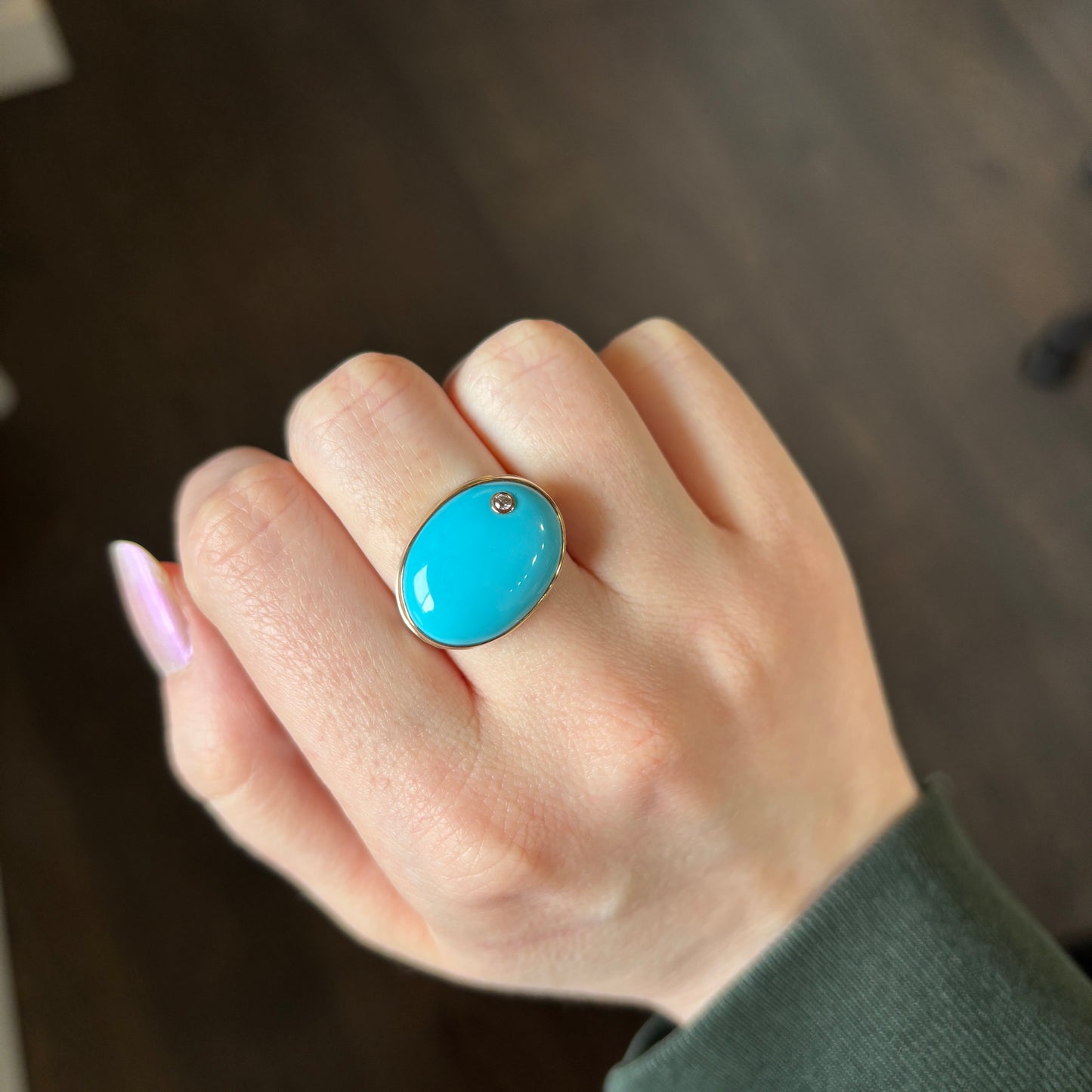 Sterling & 14K Gold Oval Sleeping Beauty Turquoise & Diamond Ring