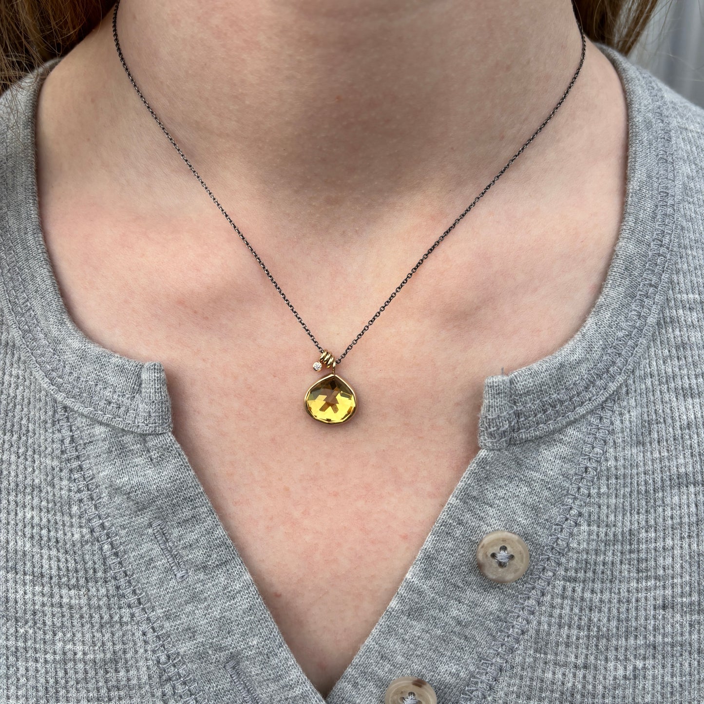 Oxidized Sterling & 14K Gold Small Citrine & Diamond Necklace