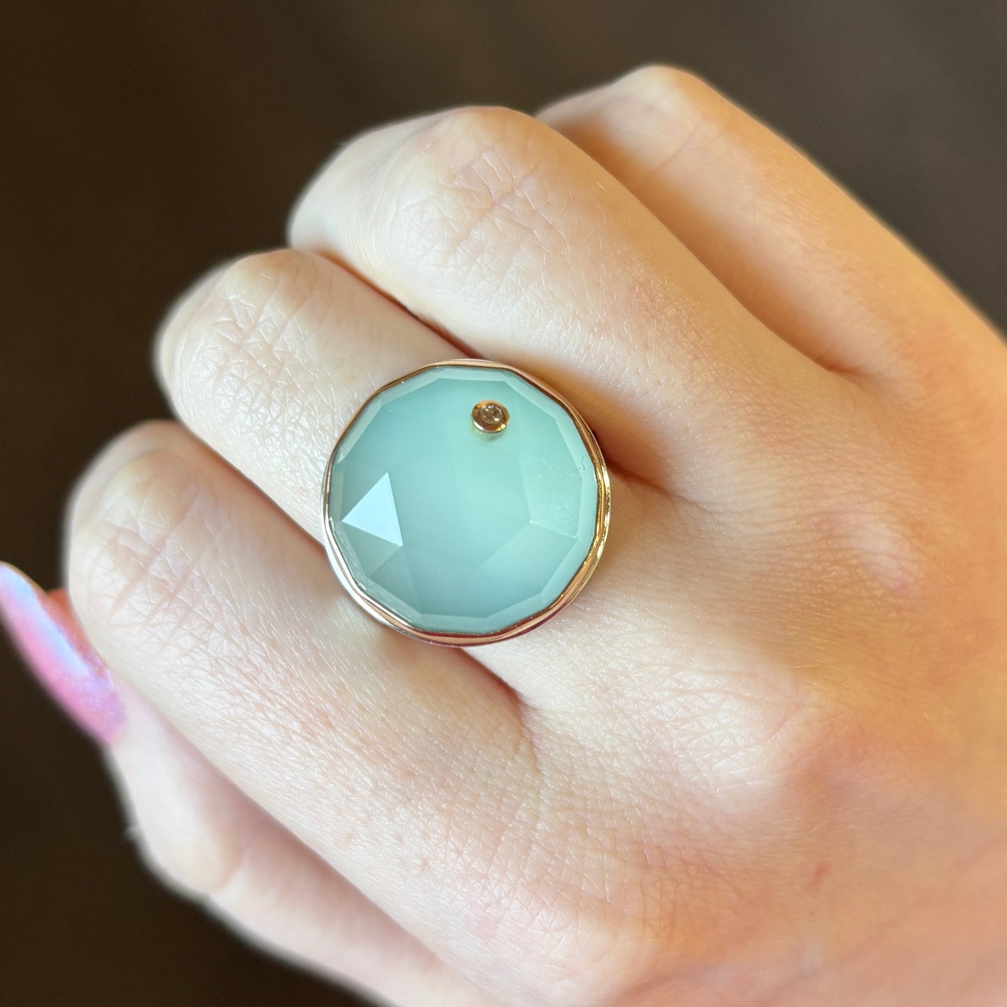 Sterling & 14K Gold Aqua Chalcedony & Diamond Ring