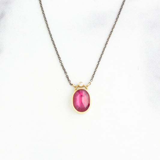 Oxidized Sterling & 14K Gold African Ruby & Diamond Necklace