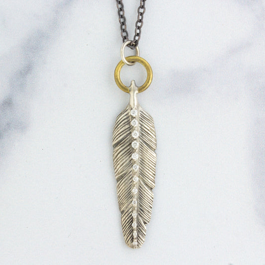 Oxidized Sterling & Brass Diamond Feather Necklace