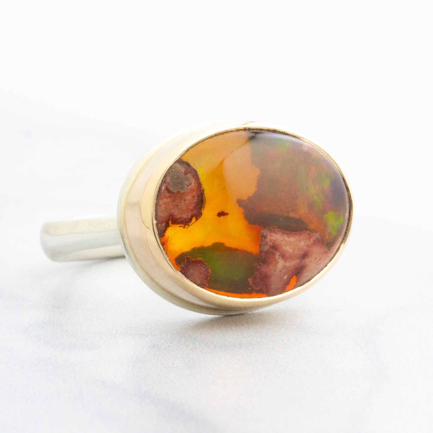 Sterling & 14K Gold Oval Mexican Fire Opal Ring