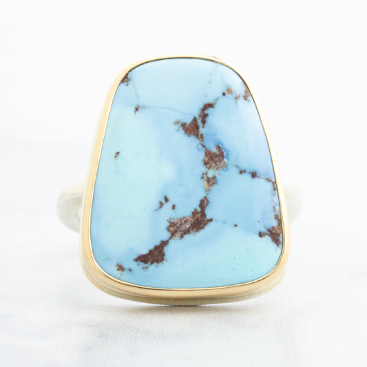 Sterling & 14K Gold Large Kazakhstani Turquoise Ring