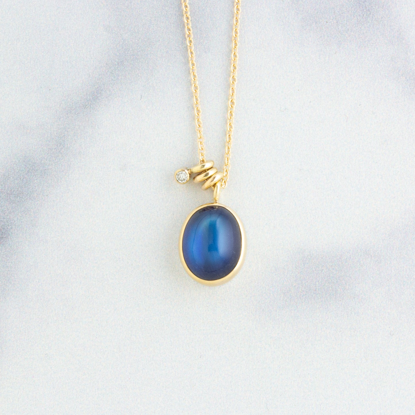 14K Gold Rainbow Moonstone & Diamond Necklace