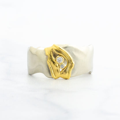 14k White & 22k Yellow Gold Wide Band & Diamond Ring