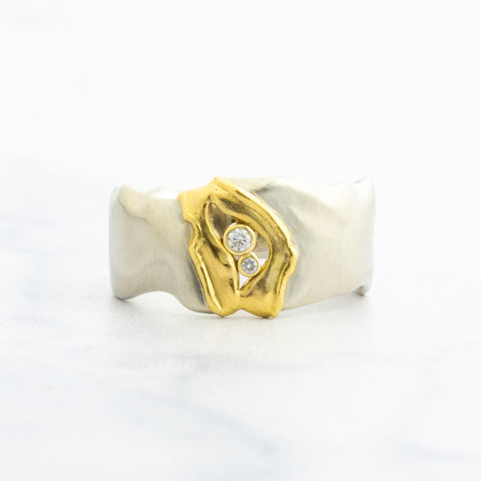 14k White & 22k Yellow Gold Wide Band & Diamond Ring
