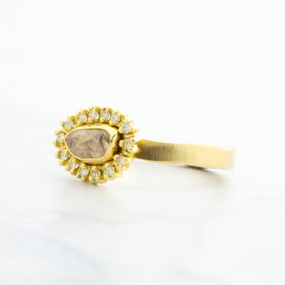 18k Gold .87 tcw Rustic Diamond Halo Ring