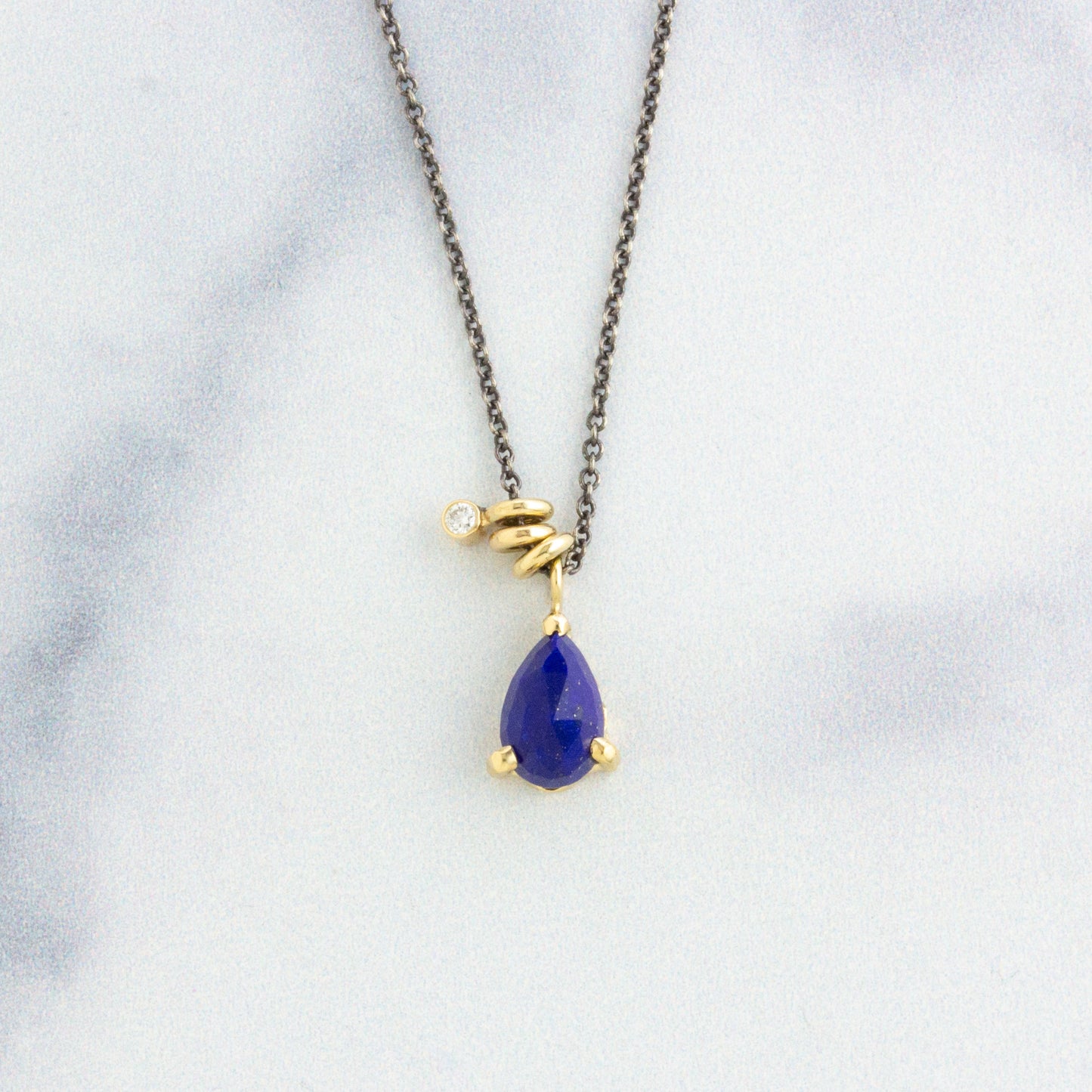 Oxidized Sterling & 14K Gold Tiny Lapis Necklace