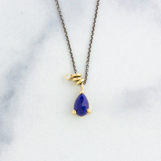 Oxidized Sterling & 14K Gold Tiny Lapis Necklace