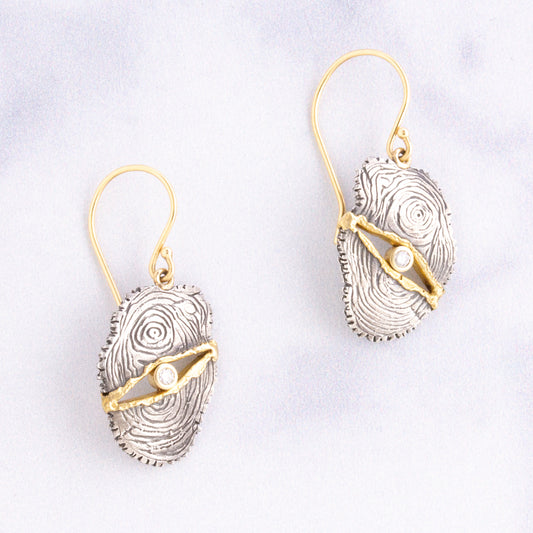 Oxidized Sterling & 18K Gold Diamond Tree Ring Earrings