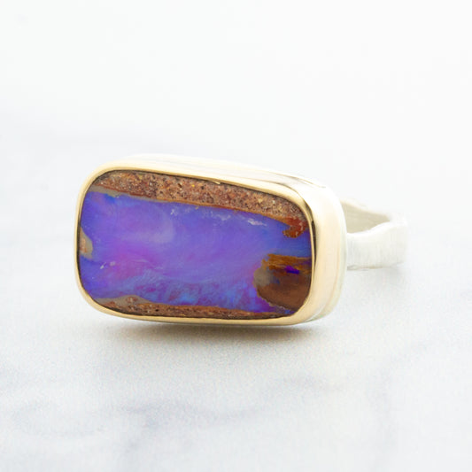 Sterling & 14K Gold Opalized Wood Ring