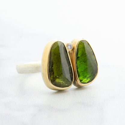 Sterling & 14K Gold Double Green Tourmaline Ring