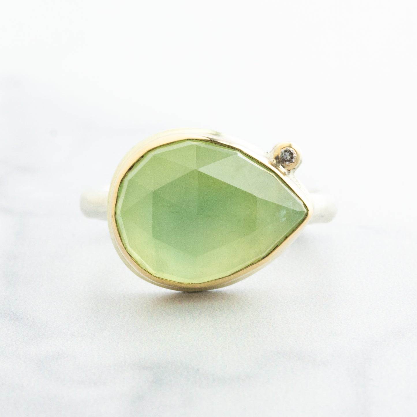 Sterling & 14K Gold Teardrop Prehnite & Diamond Ring