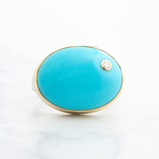 Sterling & 14K Gold Oval Sleeping Beauty Turquoise & Diamond Ring