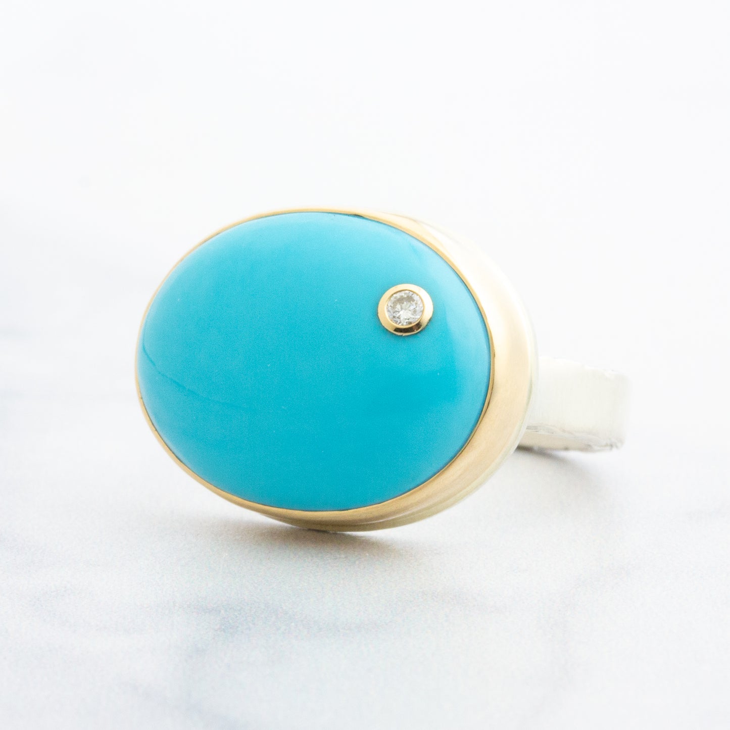 Sterling & 14K Gold Oval Sleeping Beauty Turquoise & Diamond Ring