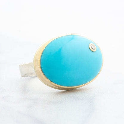 Sterling & 14K Gold Oval Sleeping Beauty Turquoise & Diamond Ring