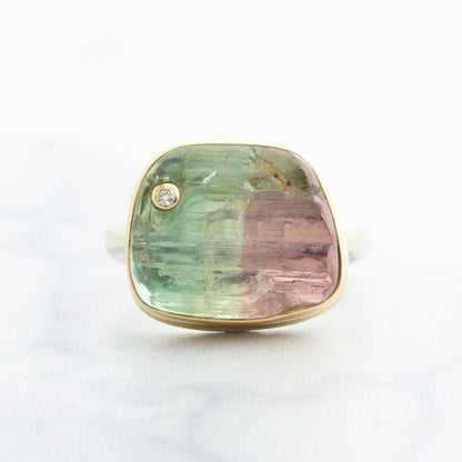 Sterling & 14K Gold Watermelon Tourmaline & Diamond Ring