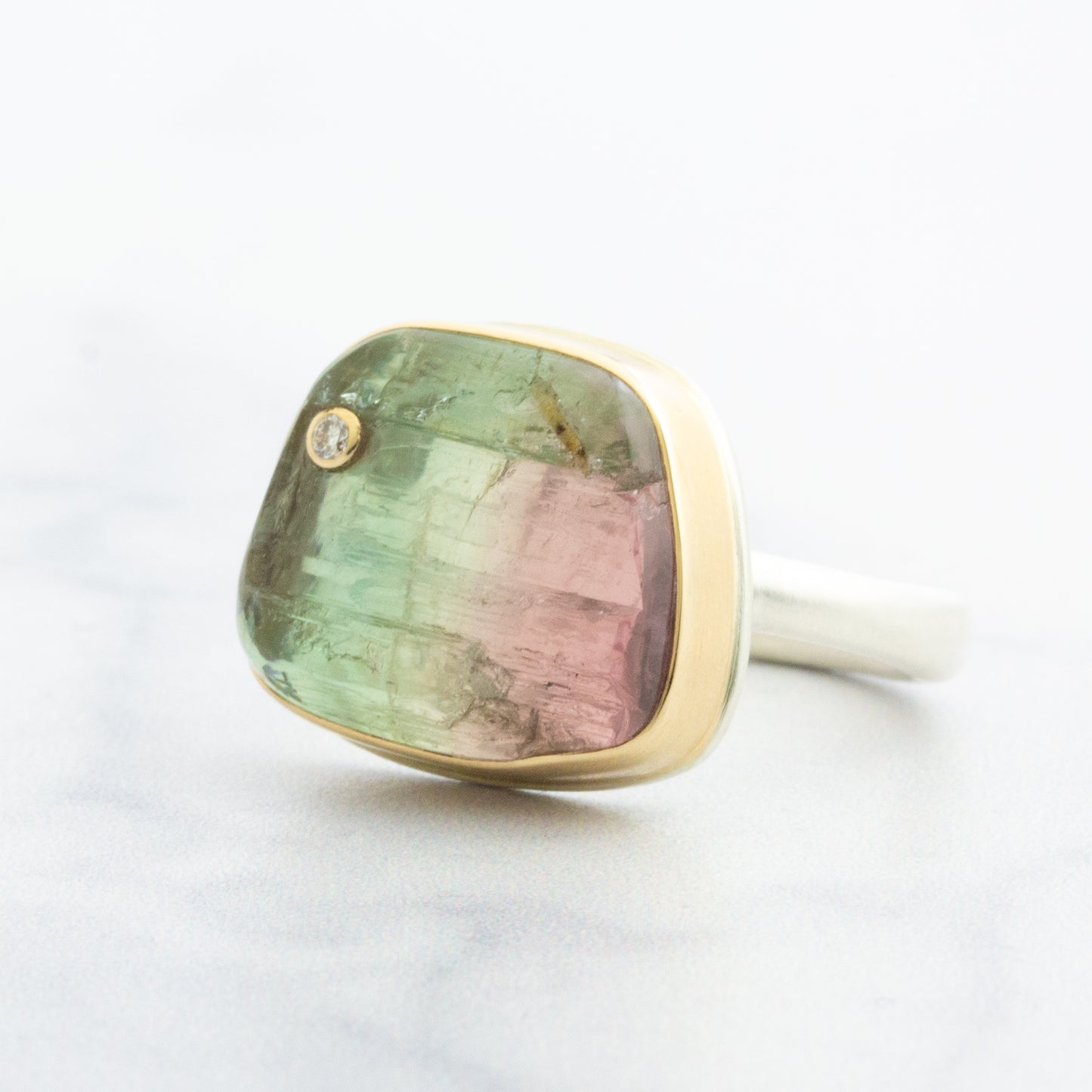 Sterling & 14K Gold Watermelon Tourmaline & Diamond Ring