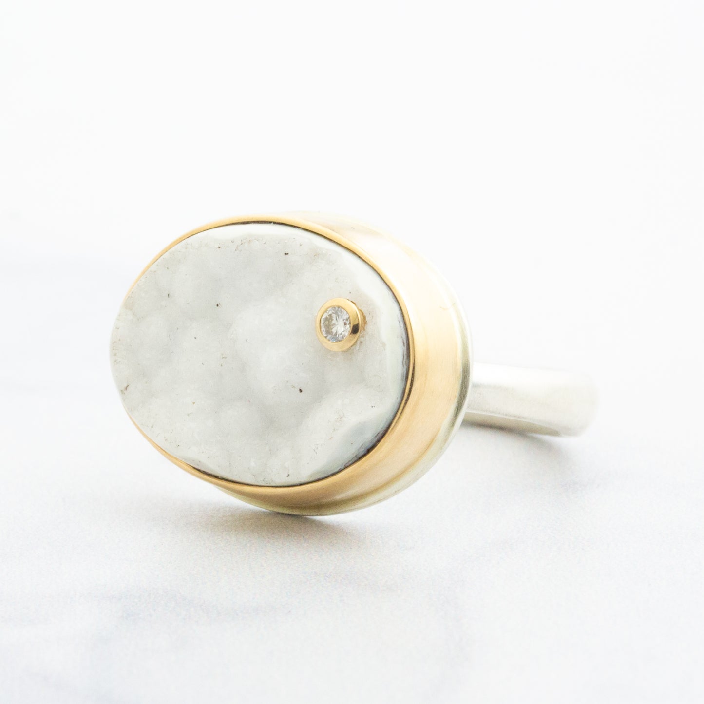 Sterling & 14K Gold Brazilian White Drusy & Diamond Ring