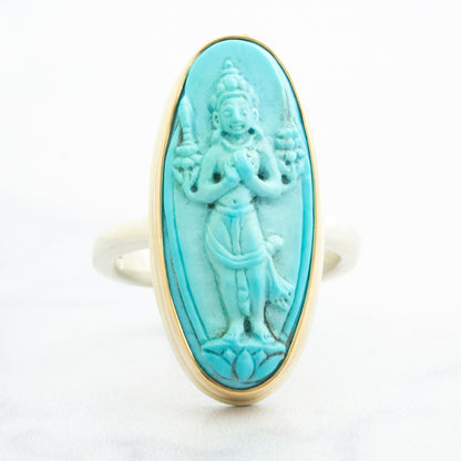 Sterling & 14K Gold Turquoise Carved Tara Buddha Ring
