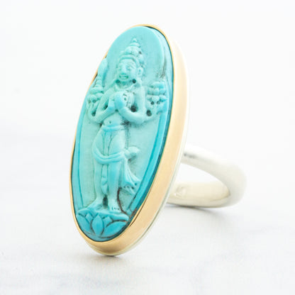 Sterling & 14K Gold Turquoise Carved Tara Buddha Ring