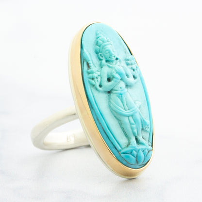 Sterling & 14K Gold Turquoise Carved Tara Buddha Ring
