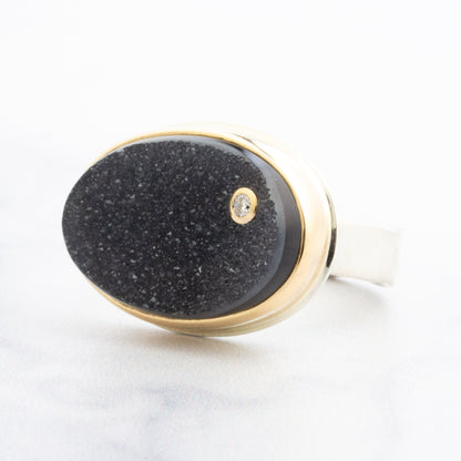 Sterling & 14K Gold Brazilian Black Drusy & Diamond Ring
