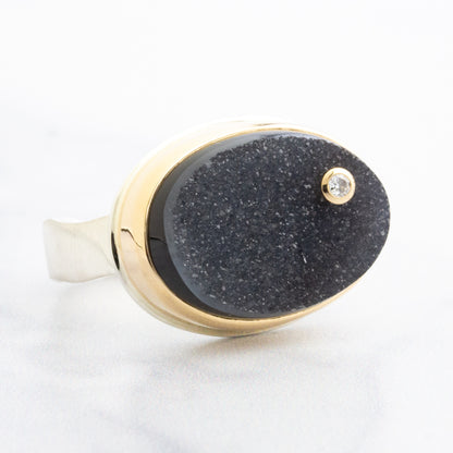Sterling & 14K Gold Brazilian Black Drusy & Diamond Ring